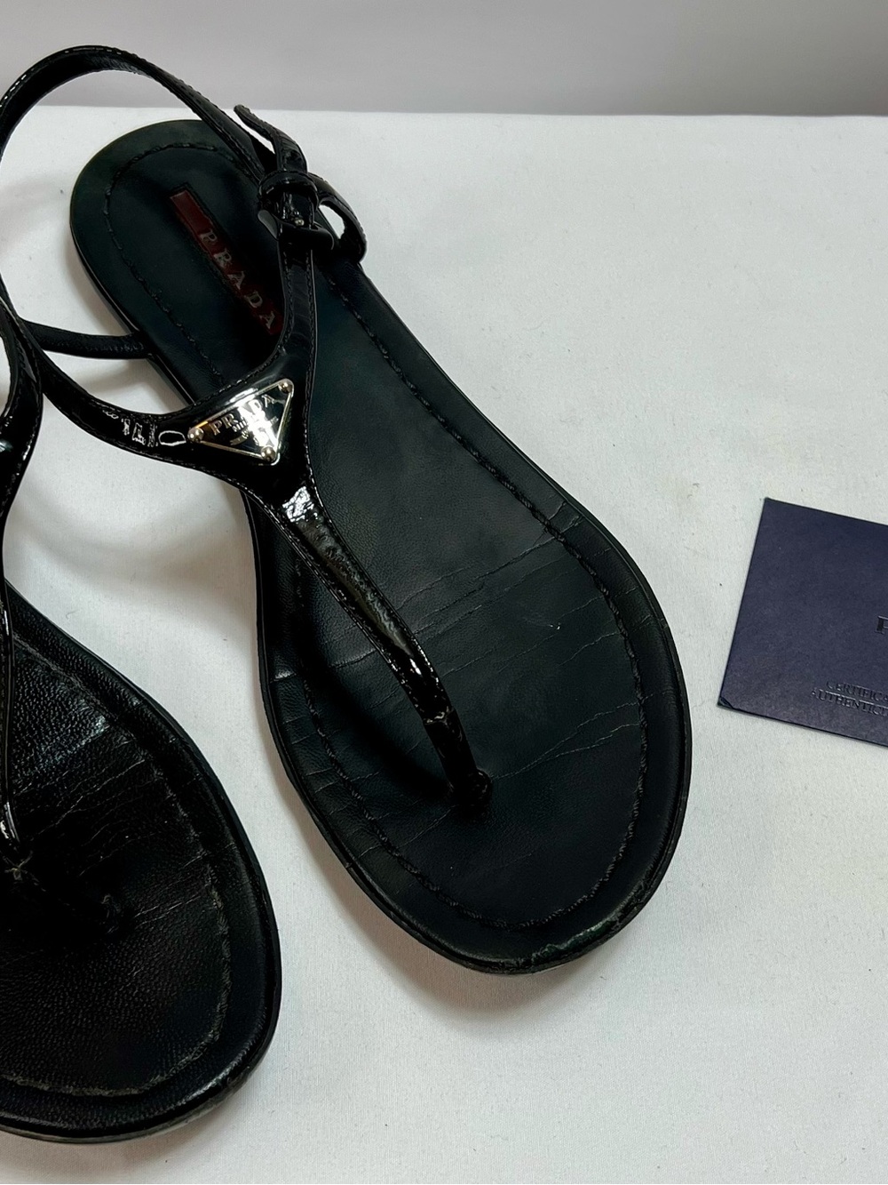 Prada Black Patent T-Strap Slingback Sandals - Picture 7 of 8
